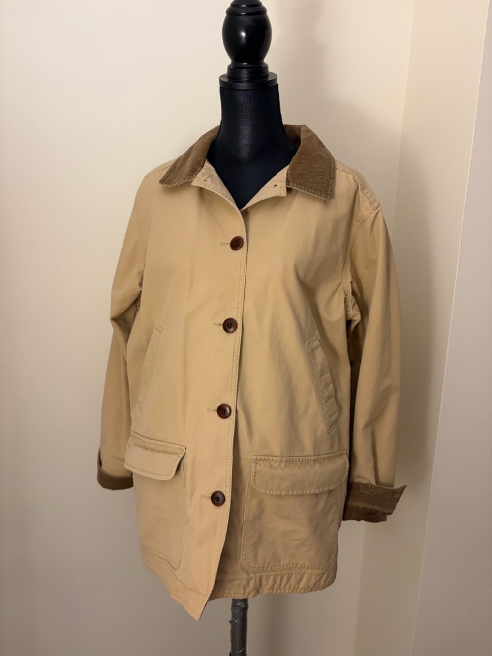 L.L. Bean Women’s XL Barn Coat Tan Canvas Corduroy Collar Button Front